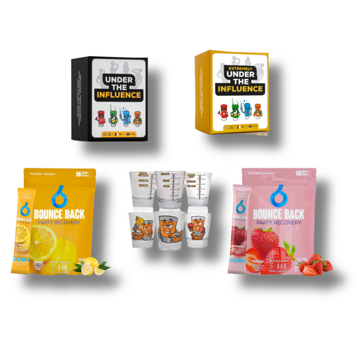 Game Night Bundle – Under The Influence Duo + Shot Glasses + Bounce Back (Hydrate & Celebrate Kit)